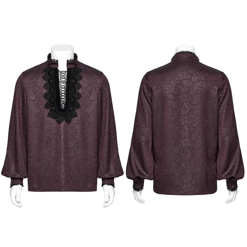 Herren Gothic Stehkragen Tiefer Rosen Hemd Rot
