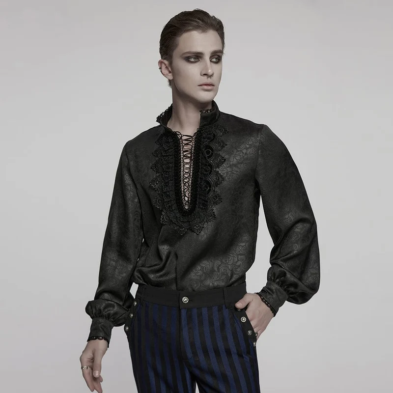 Herren Gothic Stehkragen Tiefer Rosen Hemd Schwarz