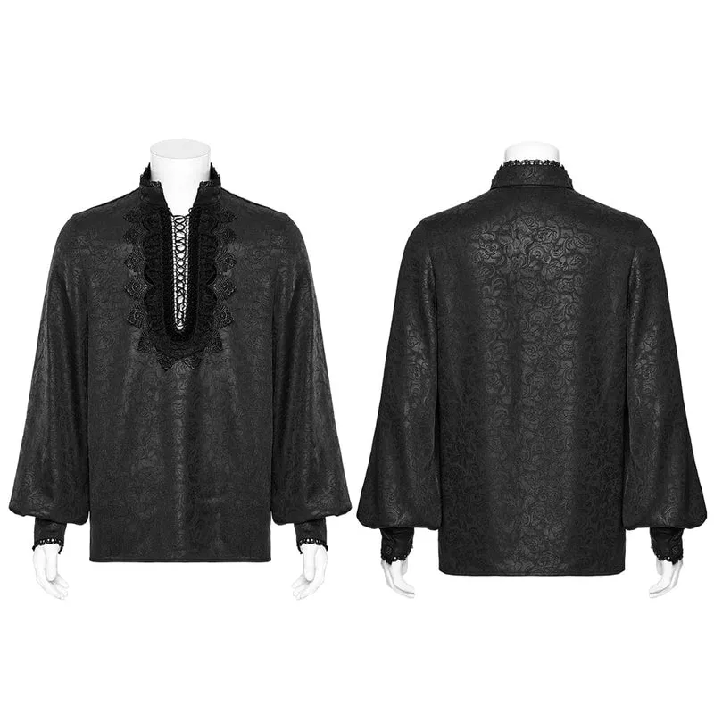 Herren Gothic Stehkragen Tiefer Rosen Hemd Schwarz