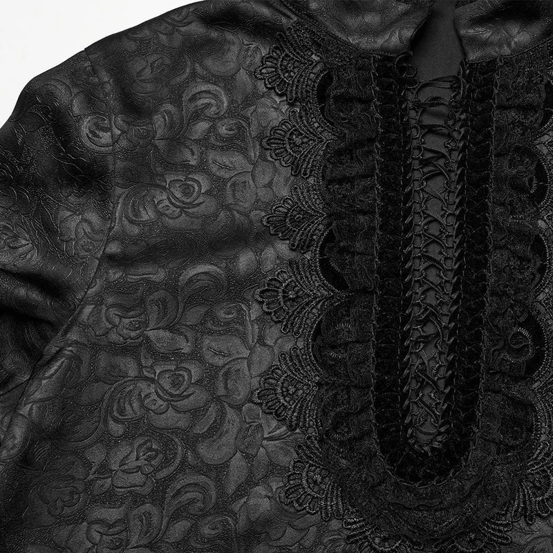 Herren Gothic Stehkragen Tiefer Rosen Hemd Schwarz