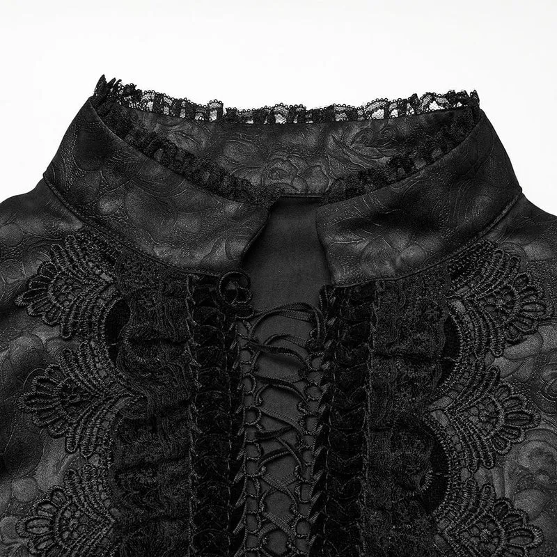 Herren Gothic Stehkragen Tiefer Rosen Hemd Schwarz