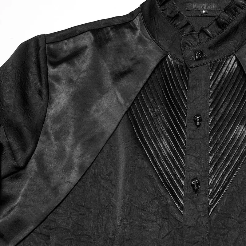 Herren Gothic Rüschen Stehkragen Plissee Hemd Schwarz