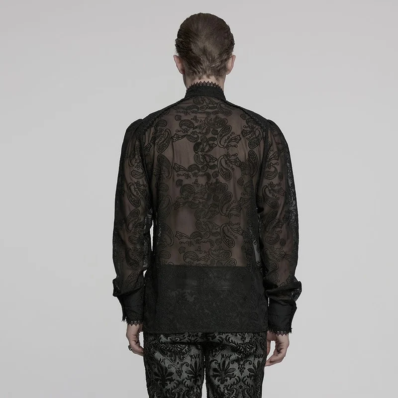Herren Gothic Stehkragen Besticktes Transparentes Chiffonhemd Schwarz