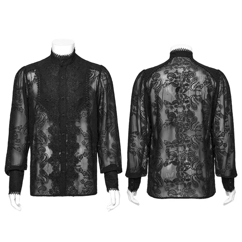Herren Gothic Stehkragen Besticktes Transparentes Chiffonhemd Schwarz