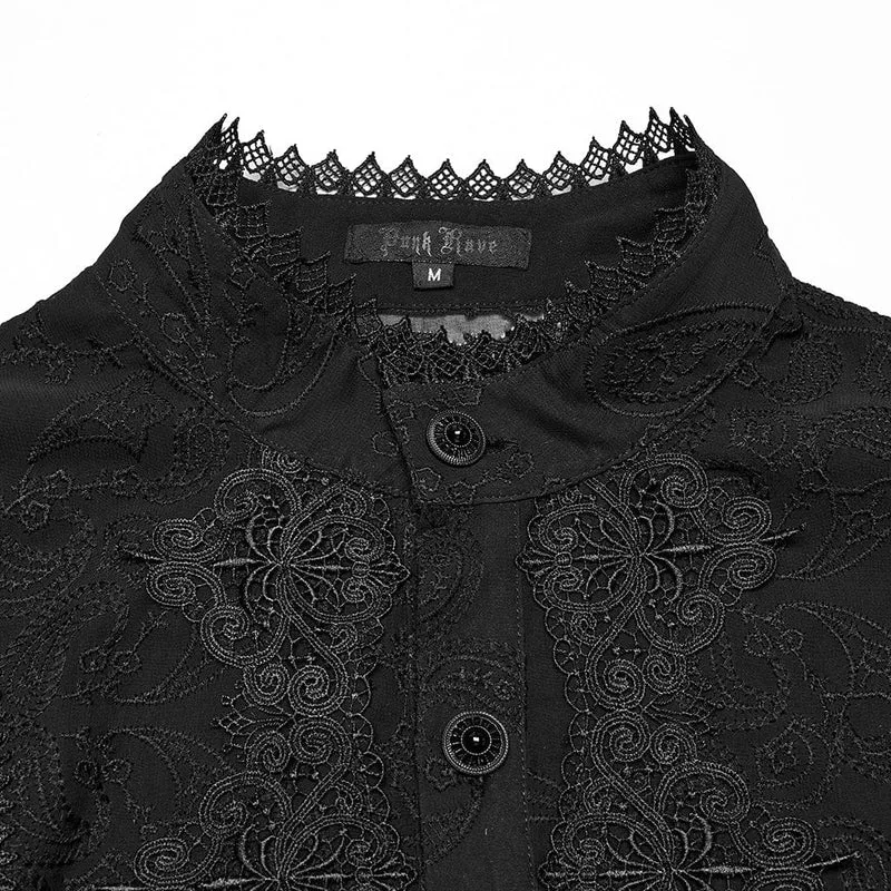 Herren Gothic Stehkragen Besticktes Transparentes Chiffonhemd Schwarz