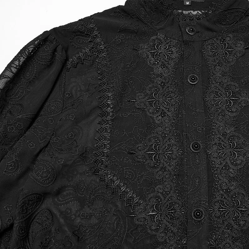 Herren Gothic Stehkragen Besticktes Transparentes Chiffonhemd Schwarz