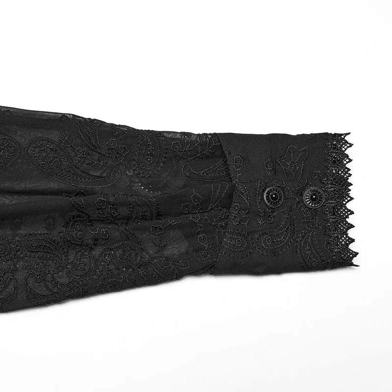 Herren Gothic Stehkragen Besticktes Transparentes Chiffonhemd Schwarz