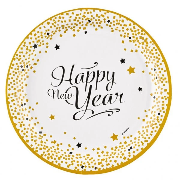 Pappteller "Happy New Year" Weiß-Gold 8 Stk.