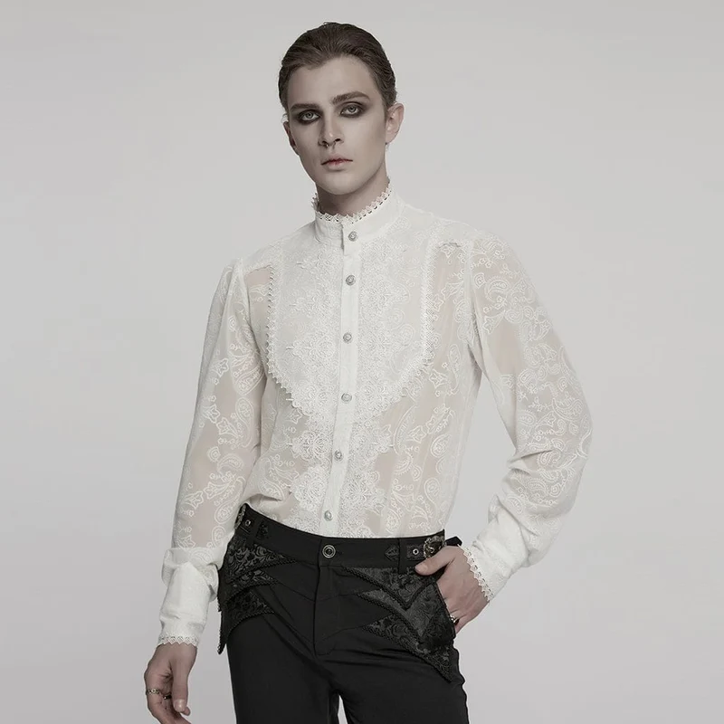 Herren Gothic Stehkragen Besticktes Transparentes Chiffonhemd Weiß