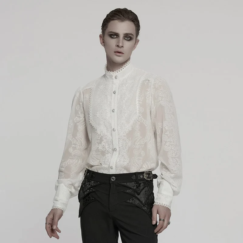 Herren Gothic Stehkragen Besticktes Transparentes Chiffonhemd Weiß