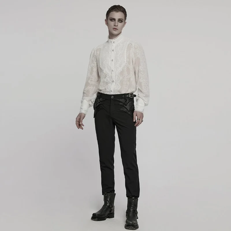 Herren Gothic Stehkragen Besticktes Transparentes Chiffonhemd Weiß