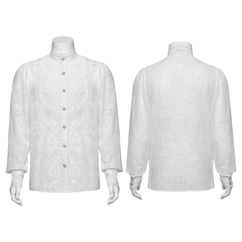 Herren Gothic Stehkragen Besticktes Transparentes Chiffonhemd Weiß