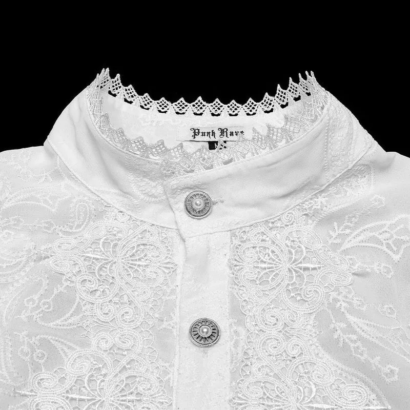 Herren Gothic Stehkragen Besticktes Transparentes Chiffonhemd Weiß