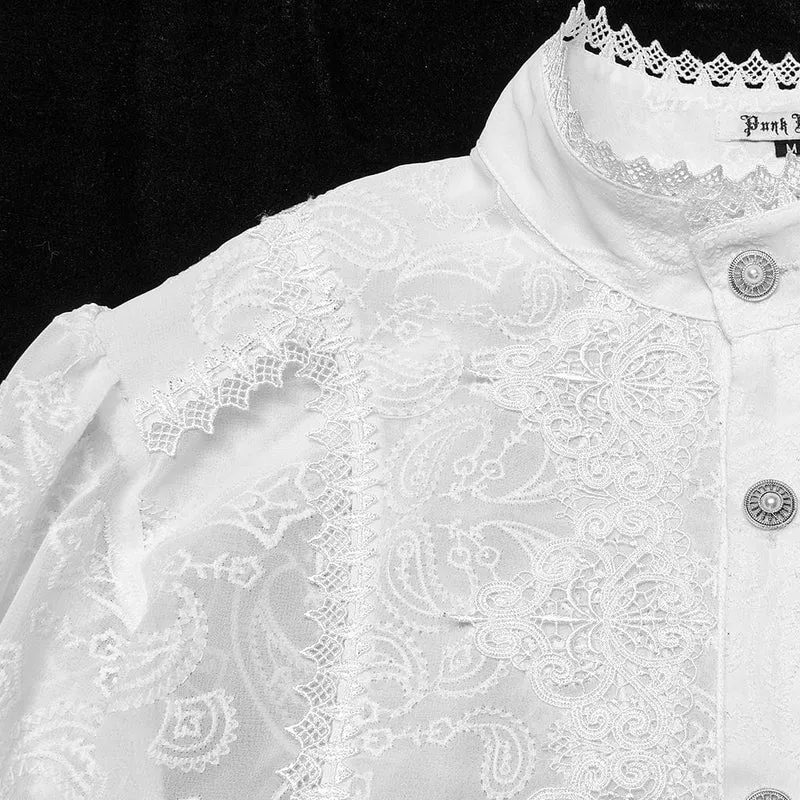 Herren Gothic Stehkragen Besticktes Transparentes Chiffonhemd Weiß