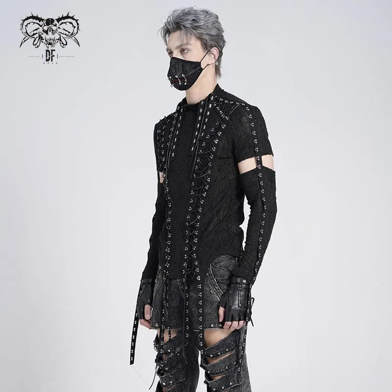 Gothic T-Shirt mit unregelmäßigen Ösenriemen und Schnürung für Herren