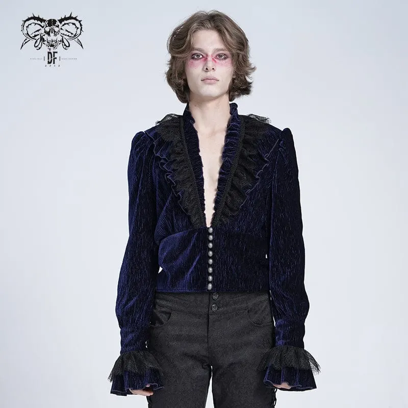Gothic-Hemd mit V-Ausschnitt und Rüschenspitze für Herren, Blau