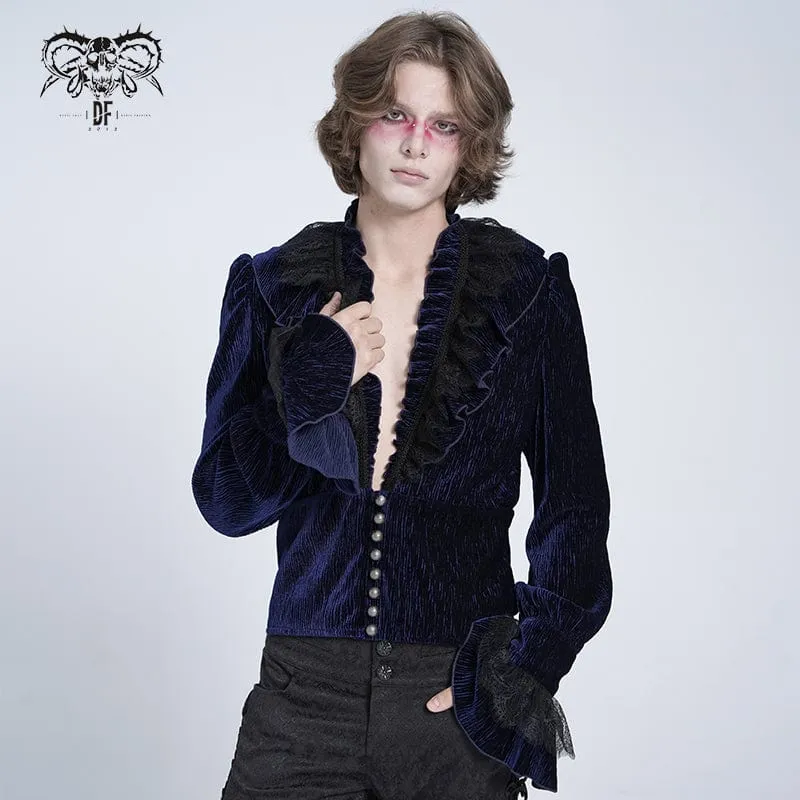 Gothic-Hemd mit V-Ausschnitt und Rüschenspitze für Herren, Blau