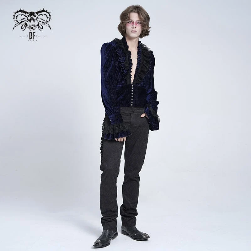 Gothic-Hemd mit V-Ausschnitt und Rüschenspitze für Herren, Blau