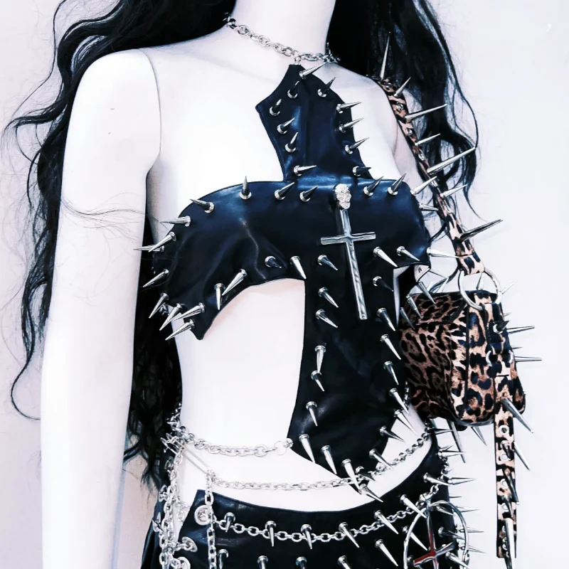 Rhinestone cut out metal chain cross crop top