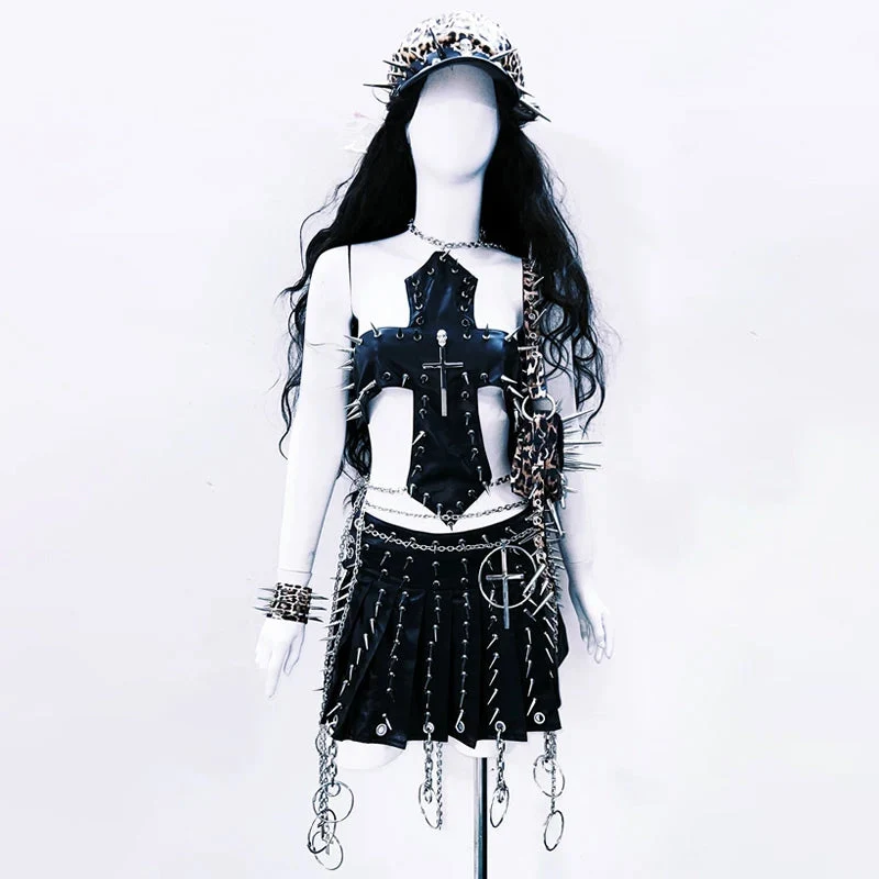 Rhinestone cut out metal chain cross crop top