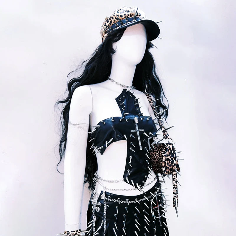 Rhinestone cut out metal chain cross crop top
