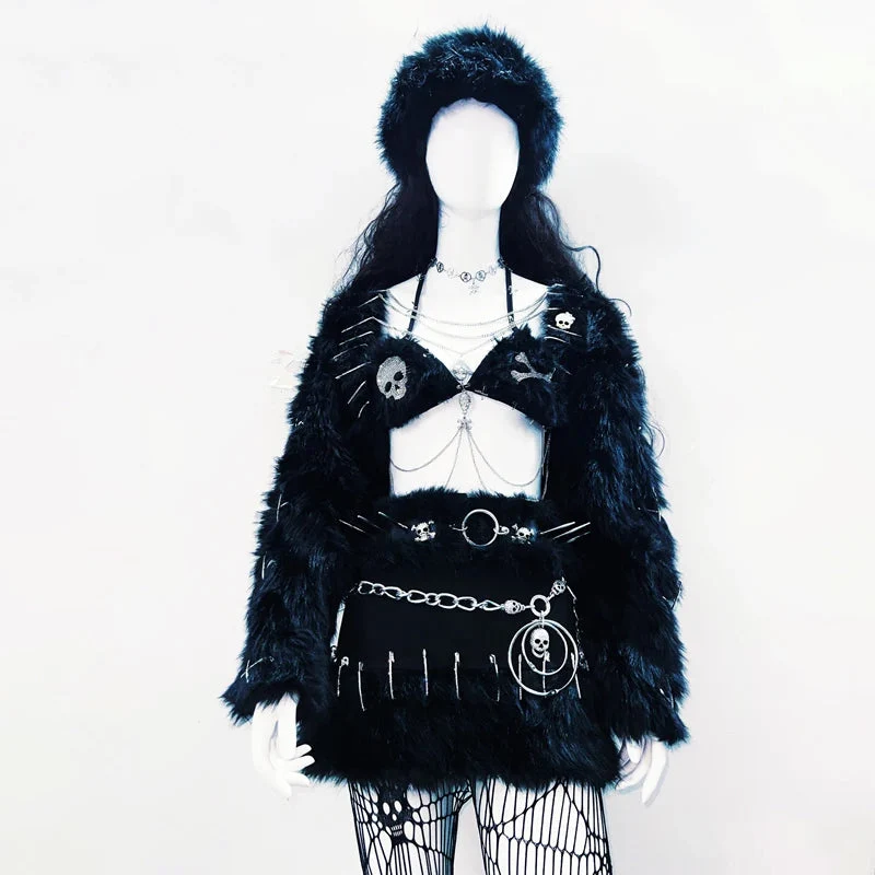 Rhinestone long sleeve fluffy v neck crop top