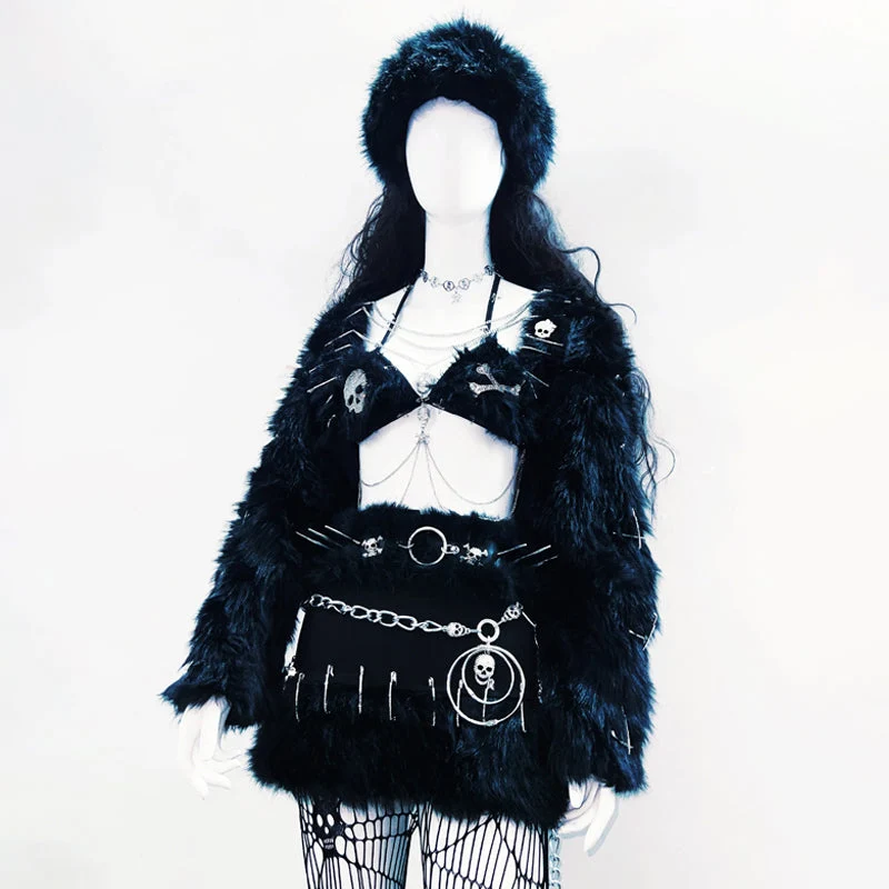 Rhinestone long sleeve fluffy v neck crop top