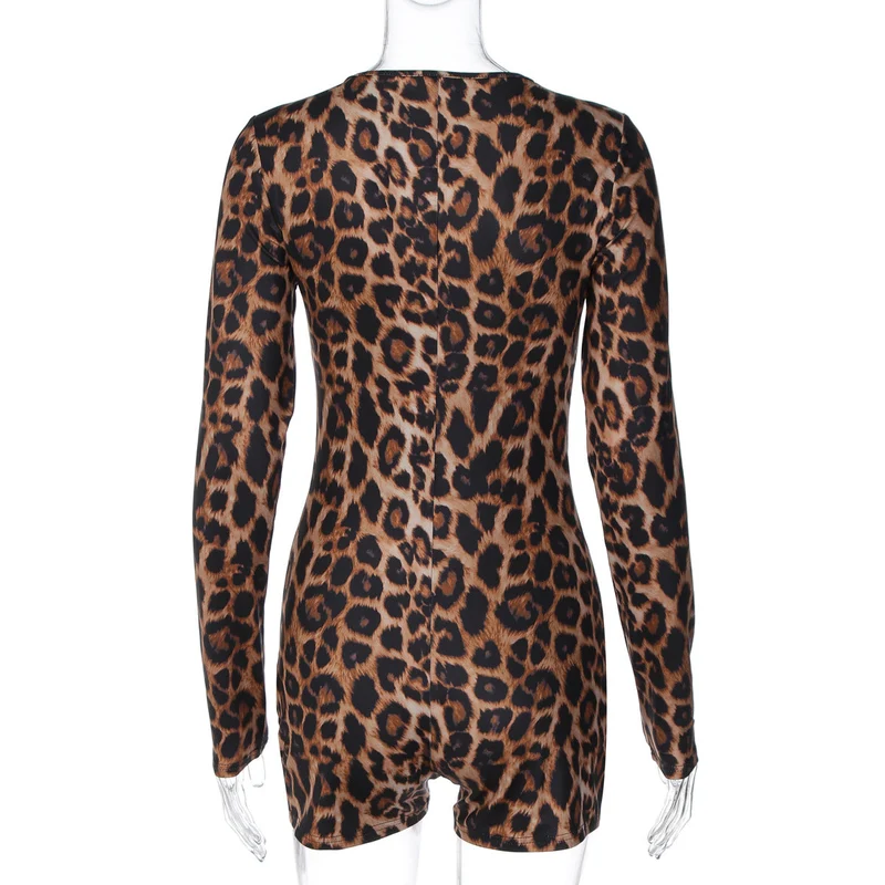 Leopard print v neck long sleeve romper