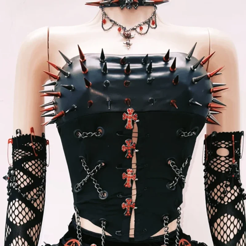 Rhinestone metal chain rivet applique lace up tube top