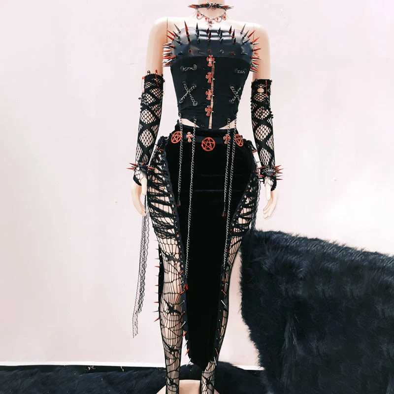 Rhinestone metal chain rivet applique lace up tube top