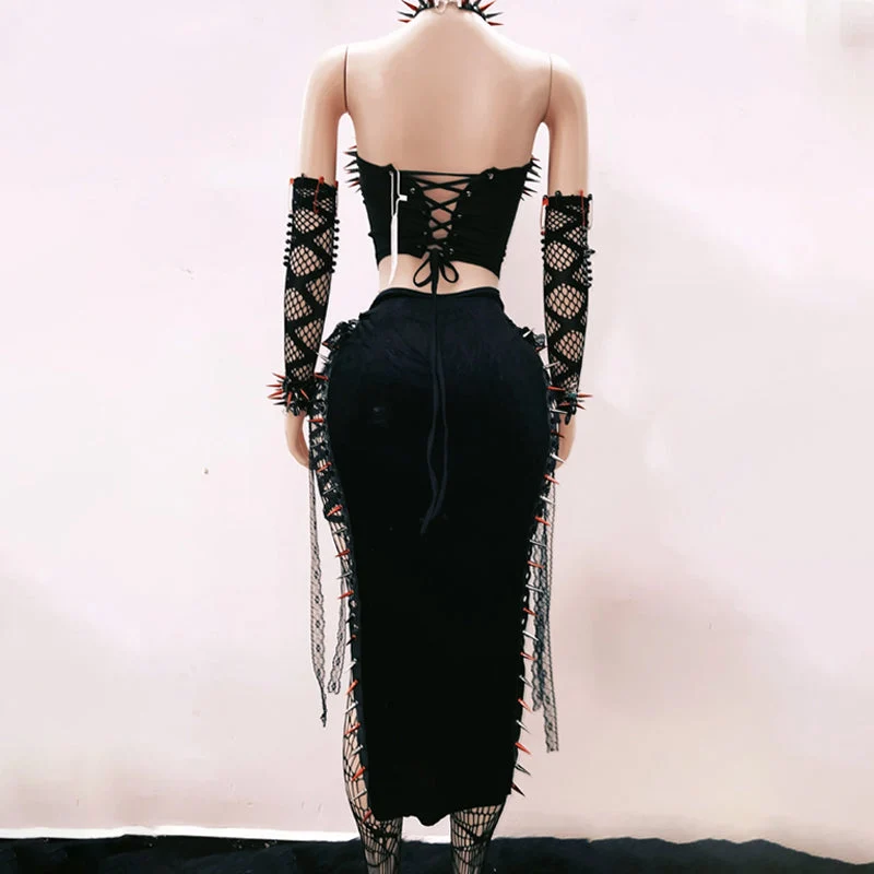 Rhinestone metal chain rivet applique lace up tube top