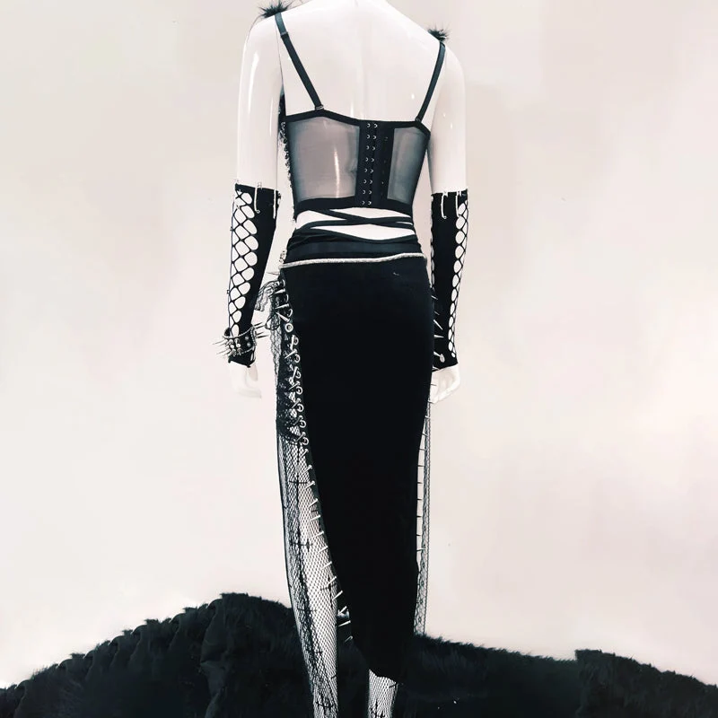 Feather v neck metal chain backless cami top