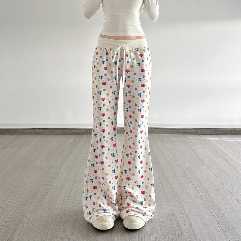 Drawstring print contrast low rise wide leg pant