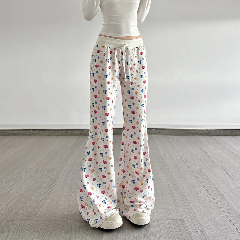 Drawstring print contrast low rise wide leg pant
