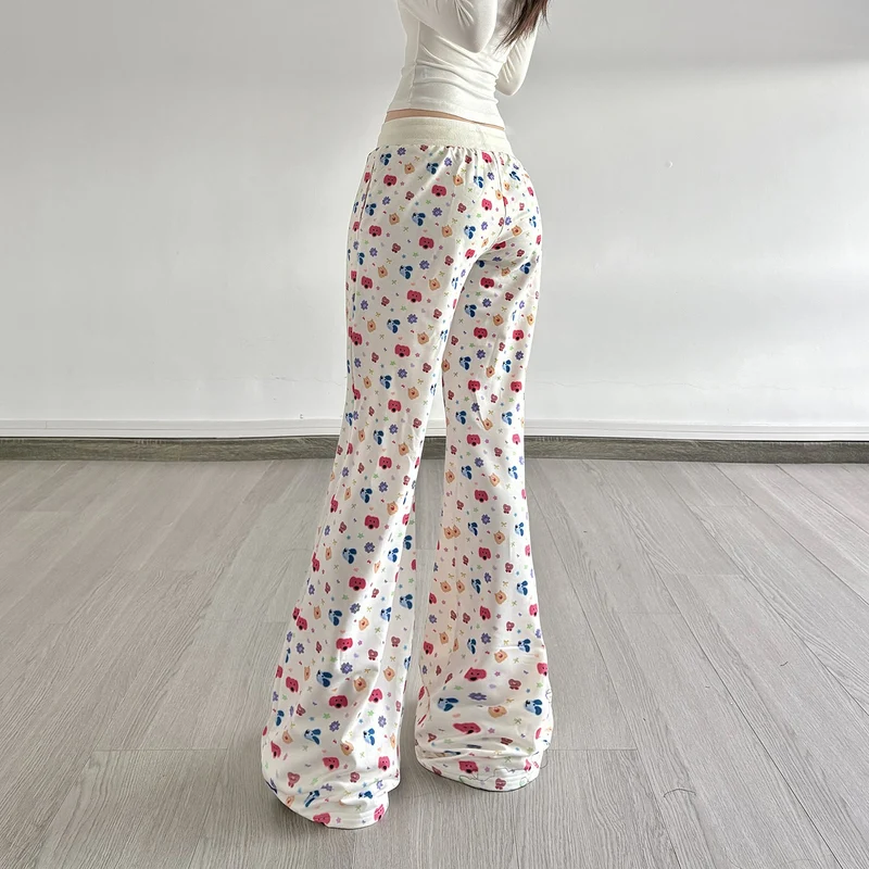 Drawstring print contrast low rise wide leg pant