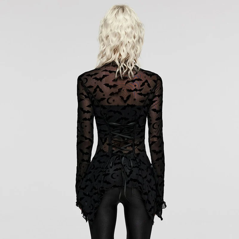 Damen-Gothic-Hemd mit unregelmäßiger Fledermaus-Mesh-Optik in Übergröße