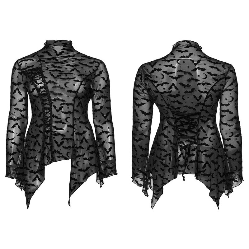 Damen-Gothic-Hemd mit unregelmäßiger Fledermaus-Mesh-Optik in Übergröße