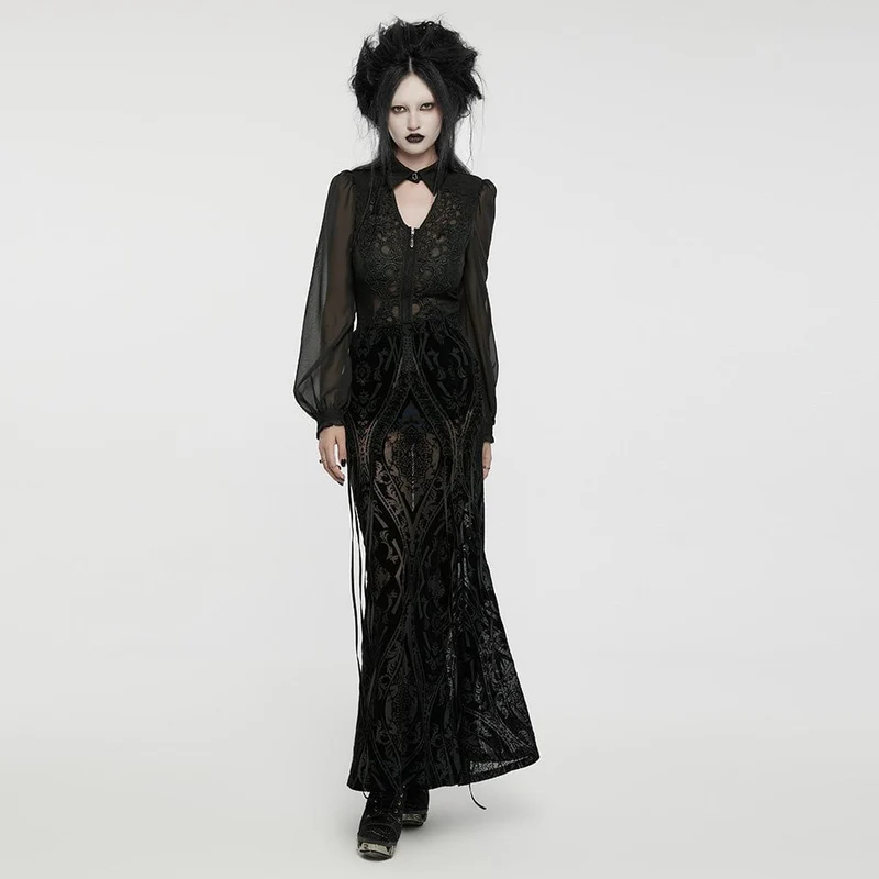 Gothic-Rock aus transparentem, beflocktem Netzstoff mit Schnürung für Damen