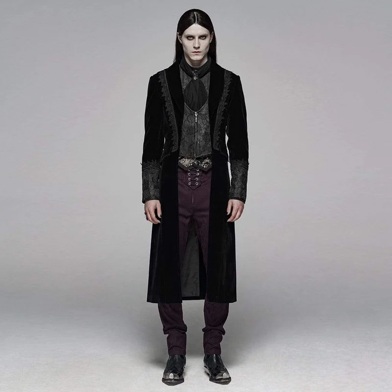 Herren Gothic Viktorianische Frontreißverschluss Blumen Samt Lange Jacke