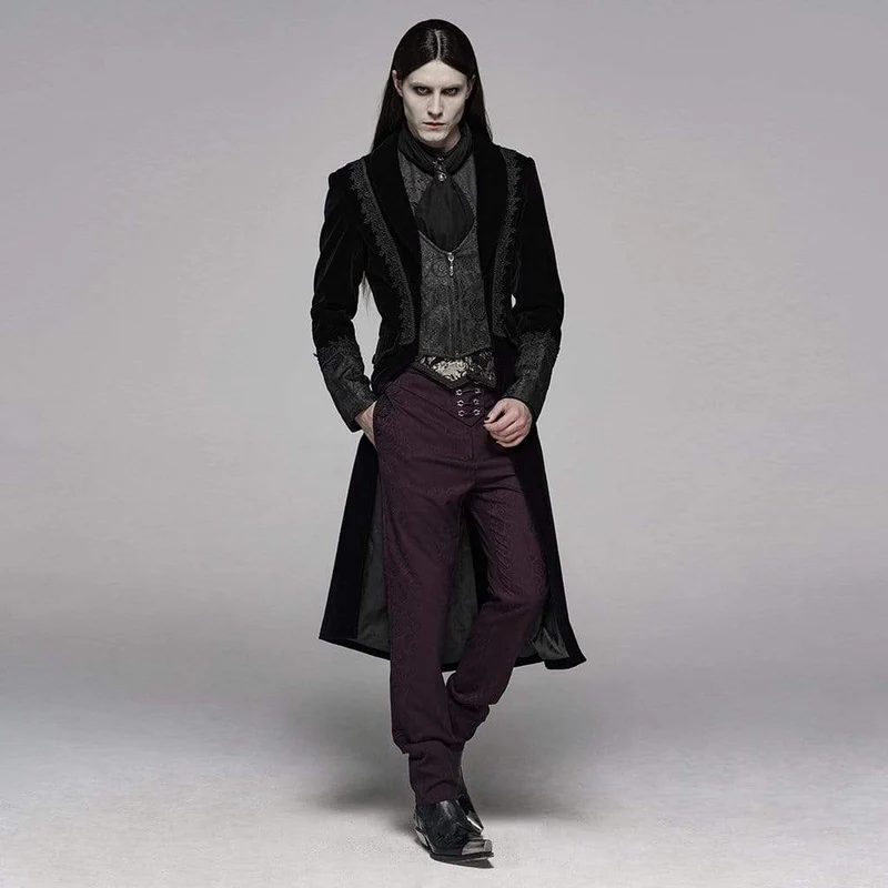 Herren Gothic Viktorianische Frontreißverschluss Blumen Samt Lange Jacke