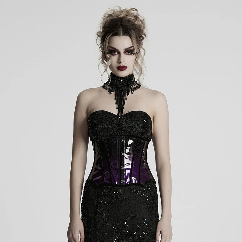 Damen Gothic Kontrastfarbe Lackleder Unterbrust Korsett Lila