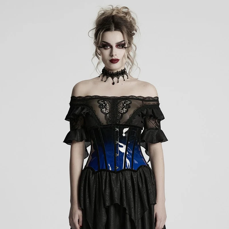Damen Gothic Kontrastfarbe Lackleder Unterbrust Korsett Blau