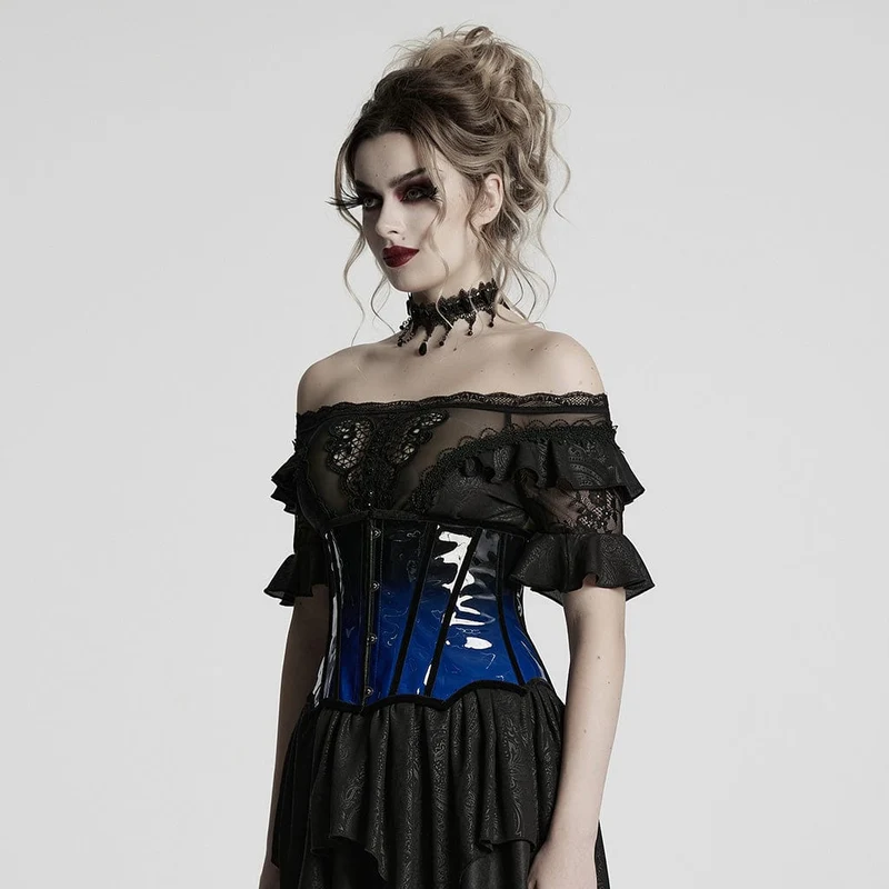Damen Gothic Kontrastfarbe Lackleder Unterbrust Korsett Blau