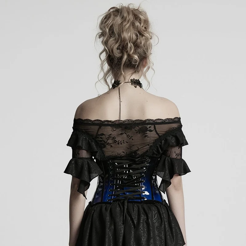 Damen Gothic Kontrastfarbe Lackleder Unterbrust Korsett Blau
