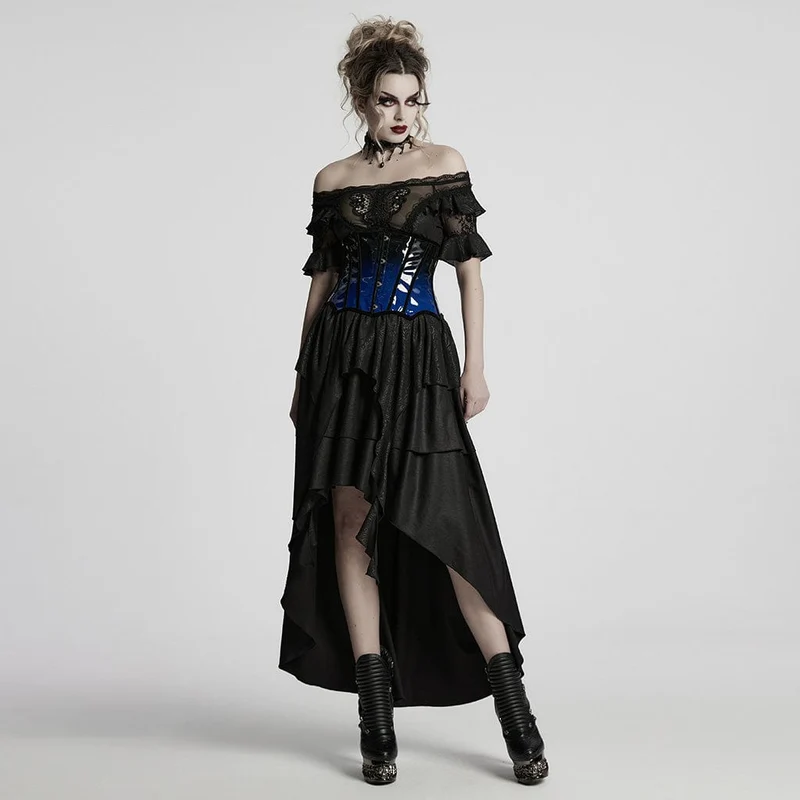 Damen Gothic Kontrastfarbe Lackleder Unterbrust Korsett Blau
