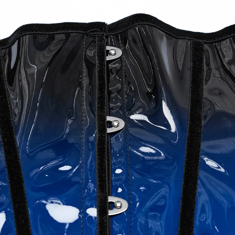 Damen Gothic Kontrastfarbe Lackleder Unterbrust Korsett Blau
