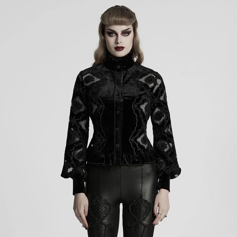 Gothic-Blumen-besticktes Rüschen-Samthemd für Damen in Schwarz
