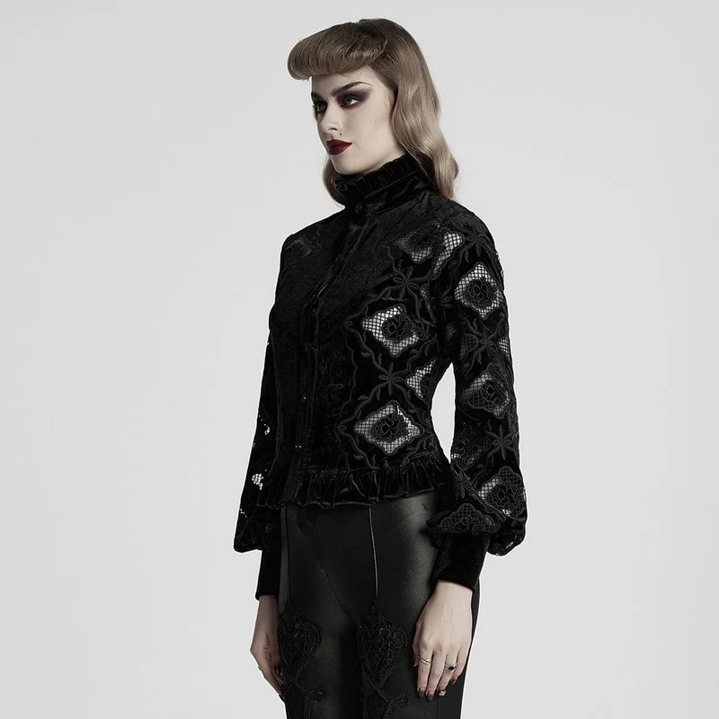 Gothic-Blumen-besticktes Rüschen-Samthemd für Damen in Schwarz