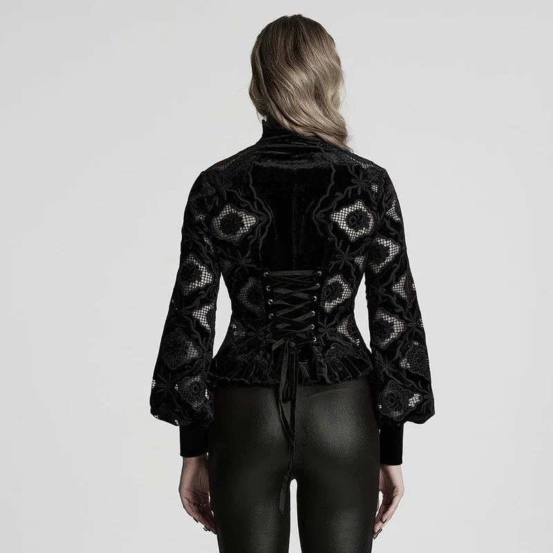 Gothic-Blumen-besticktes Rüschen-Samthemd für Damen in Schwarz