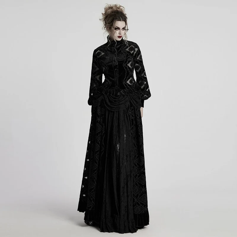 Gothic-Blumen-besticktes Rüschen-Samthemd für Damen in Schwarz
